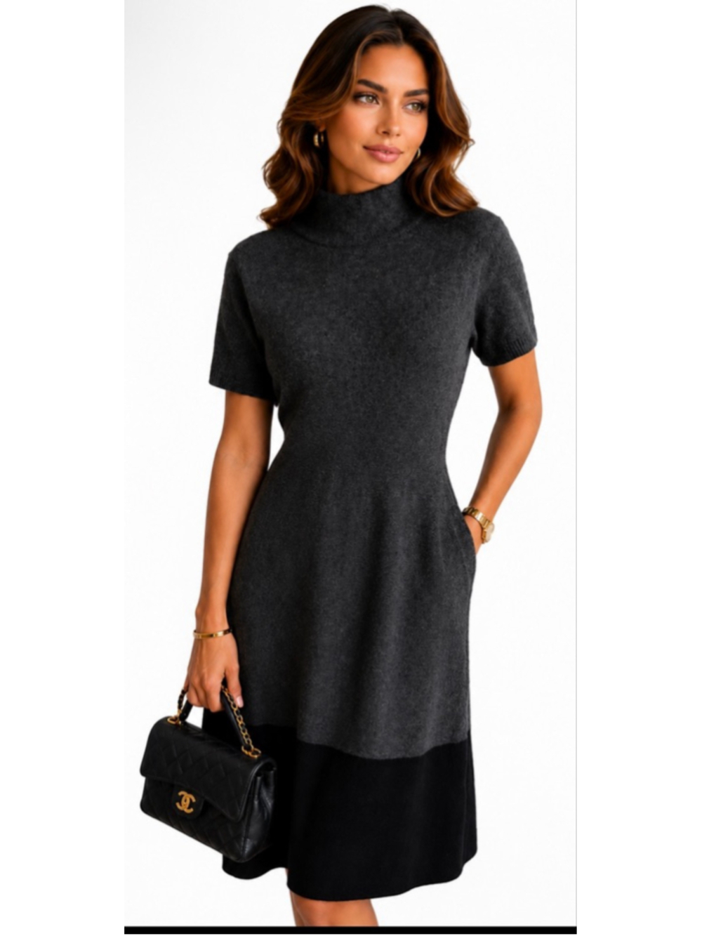 Women's Henri Bendel Charcoal Black Cashmere Mock Neck Dress L